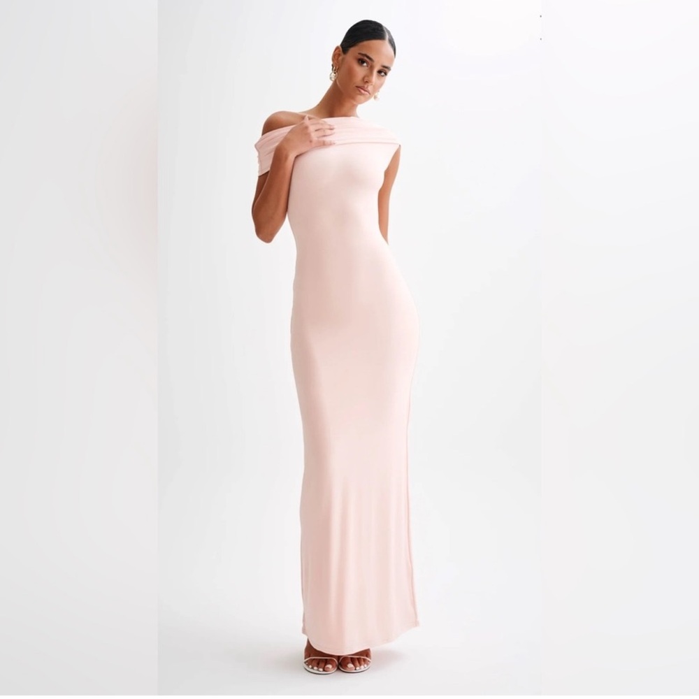 Meshki Elegant Off Shoulder Pale Pink slinky maxi Dress